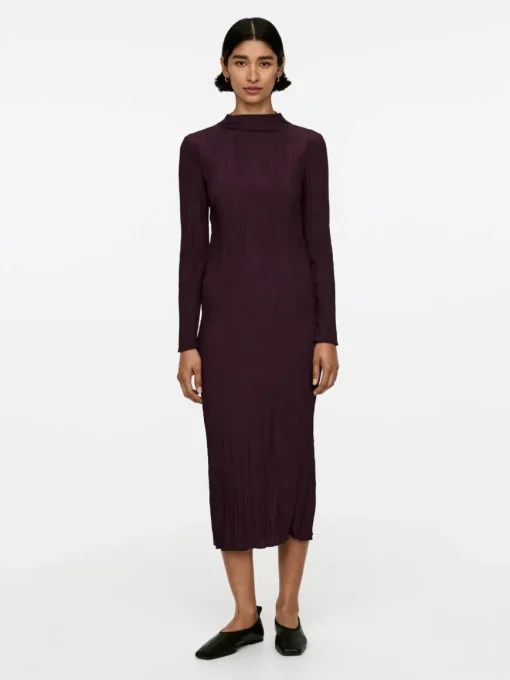 Mock-Neck Plissé Dress